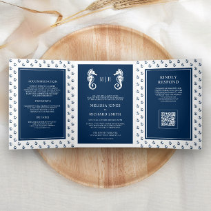 Dark Blue Nautical Anchor Seahorse QR Code Wedding Tri-Fold Invitation
