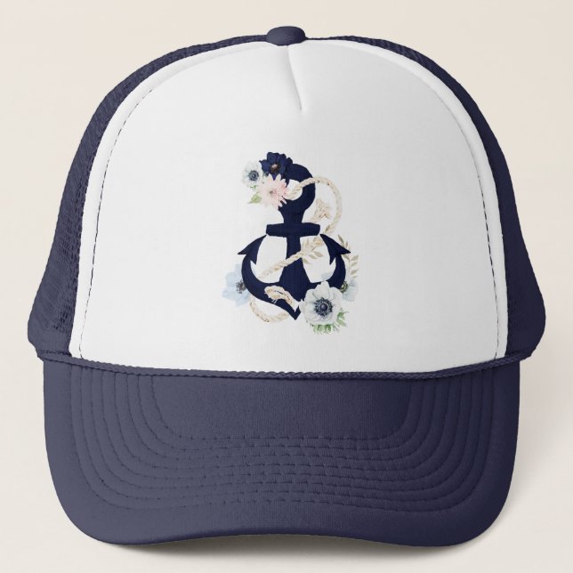Dark-blue nautical floral boat anchor trucker hat (Front)