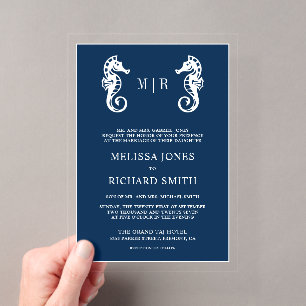 Dark Blue Nautical Seahorse Wedding Acrylic Invitations