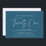 Dark Blue Navy | Simple Script 21st Birthday Party Invitation<br><div class="desc">Modern 21st birthday invitations with "twenty one" in a handwritten script. Simplistic text-only design with white font on dark blue background.</div>