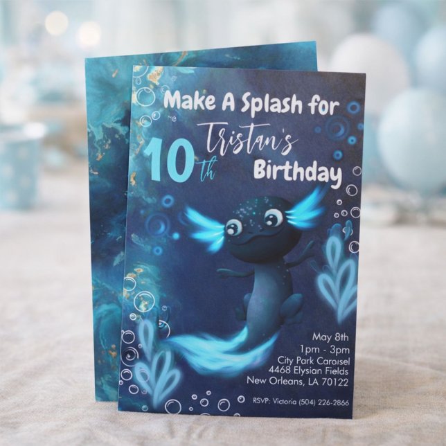 Dark Blue Neon Axolotl Birthday Party Invitation (Creator Uploaded)
