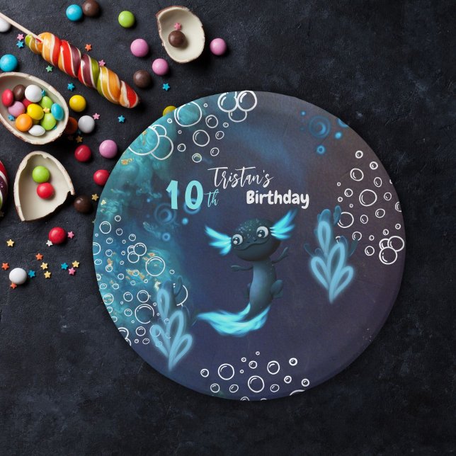 Dark Blue Neon Axolotl Birthday Party Paper Plate (Creator Uploaded)