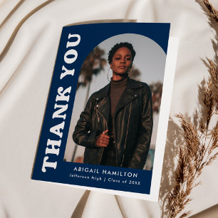 Dark Blue Offset Arch 4 Photo Graduation Thank You Card