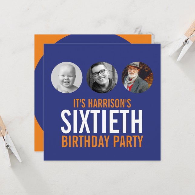 Dark blue orange 60th photo birthday invitation (Front/Back In Situ)