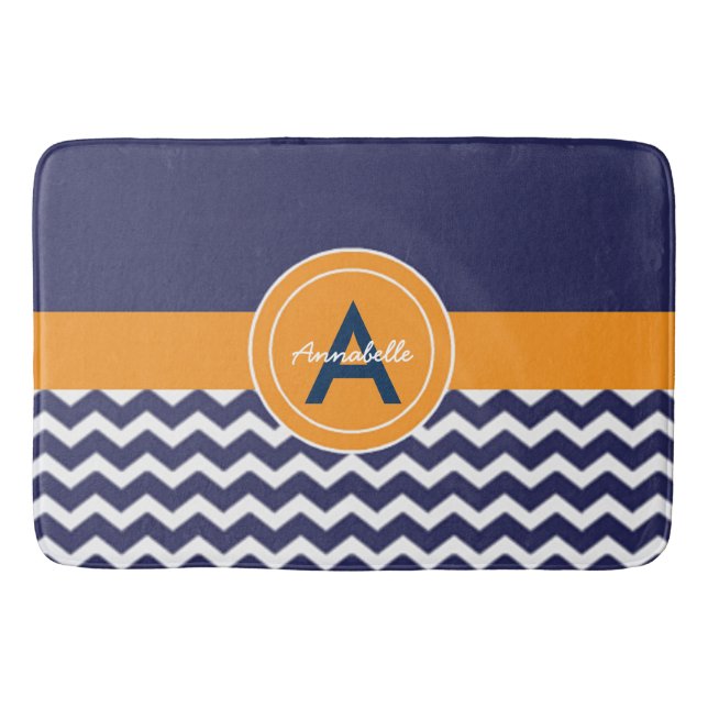 Dark Blue Orange Chevron Bath Mat (Front)