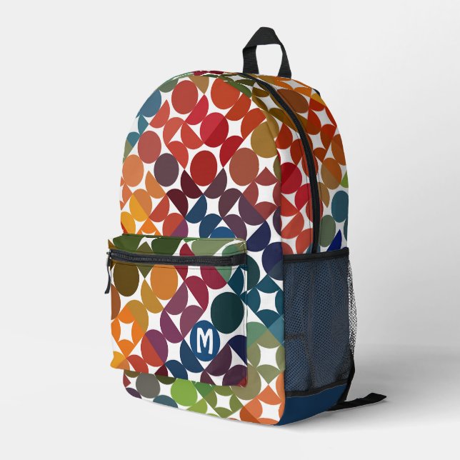 Dark Blue Orange Red Midcentury Circles Pattern Printed Backpack (Back Corner Right)