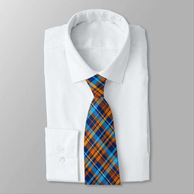 Dark Blue, Orange & Sky Blue Plaid Tie (Tied)