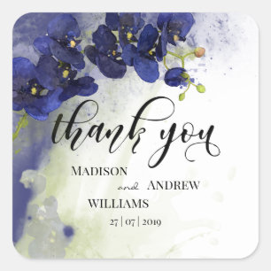 Dark Blue Orchid Watercolor Thank You Square Sticker