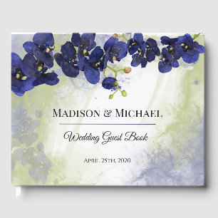 Dark Blue Orchid Watercolor Wedding Guest Book