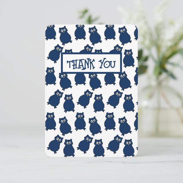 Dark Blue Owl Birthday Party Thank You Card (Standing Front)