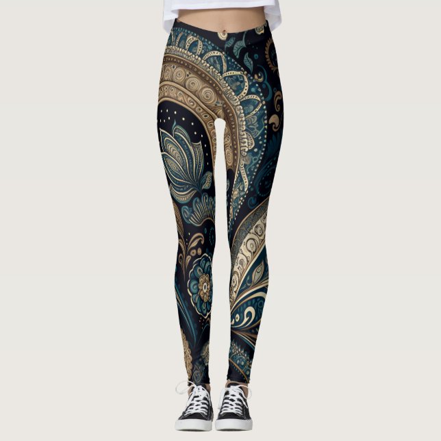 Dark Blue Paisley Pattern Retro Chic Boho Leggings (Front)