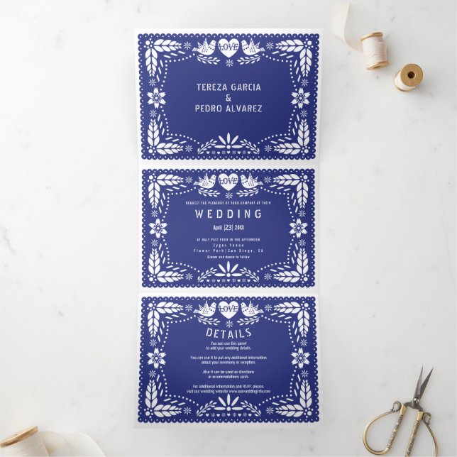 Dark blue papel picado love birds wedding Tri-Fold invitation (Inside)
