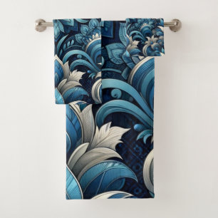 dark blue pattern bath towel set