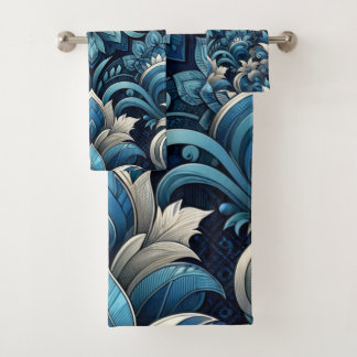 dark blue pattern bath towel set