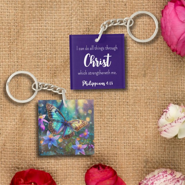 Dark Blue Philippians 4:13 Scripture Butterfly  Keychain (Creator Uploaded)