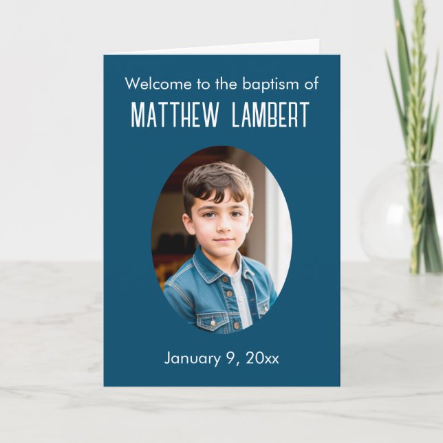 Dark Blue Photo Front Polka-Dot Folded Baptism Program (Front)