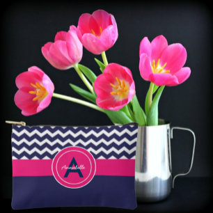 Dark Blue Pink Chevron Accessory Pouch