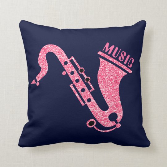 Dark Blue & Pink Glitter Saxophone Illustration Throw Pillow