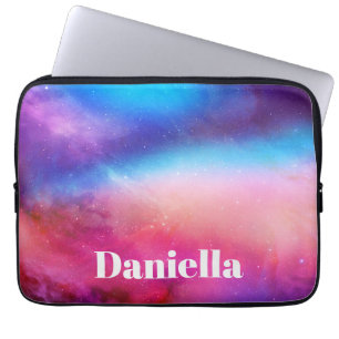 Dark Blue & Pink Holographic Sky with Custom Name Laptop Sleeve