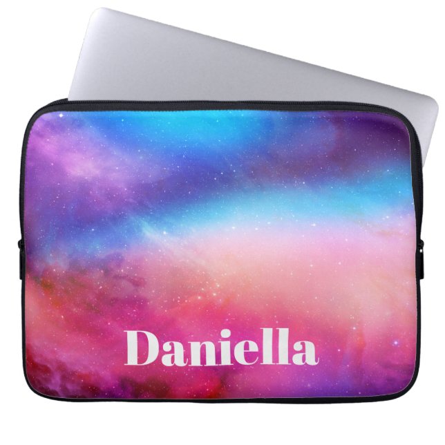 Dark Blue & Pink Holographic Sky with Custom Name Laptop Sleeve (Front)