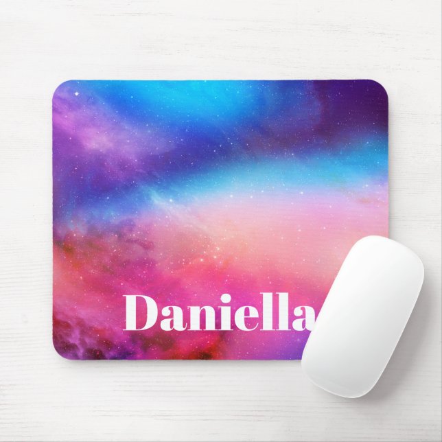 Dark Blue & Pink Holographic Sky with Custom Name Mouse Pad (With Mouse)