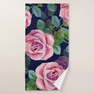 Dark Blue, Pink Roses Watercolor. Bath Towel