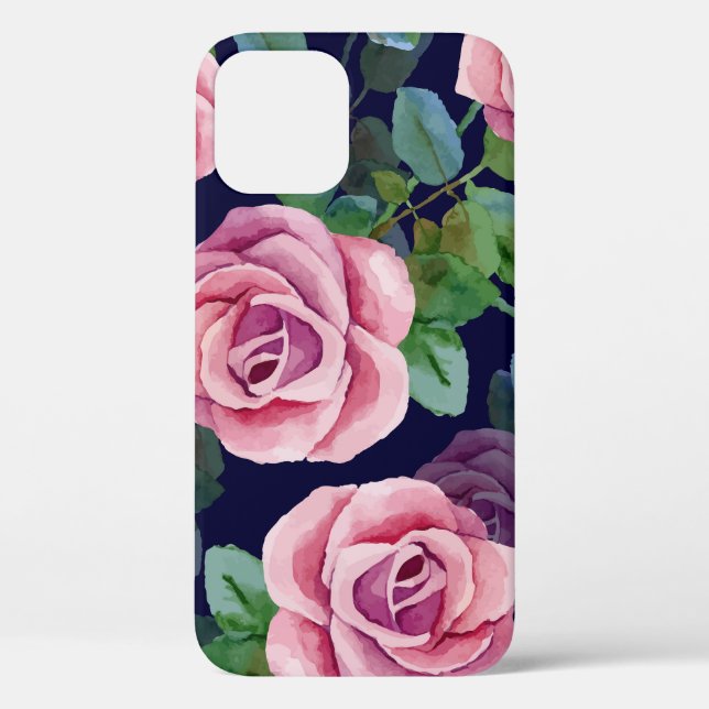 Dark Blue, Pink Roses Watercolor. Case-Mate iPhone Case (Back)