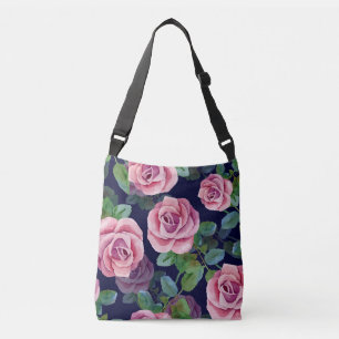 Dark Blue, Pink Roses Watercolor. Crossbody Bag