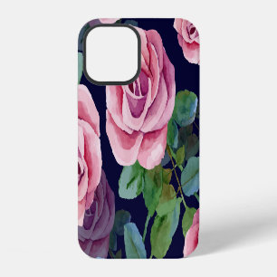 Dark Blue, Pink Roses Watercolor. iPhone 12 Case