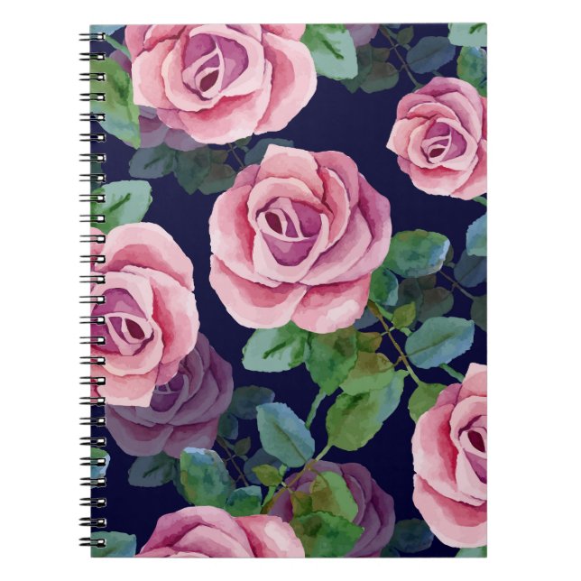 Dark Blue, Pink Roses Watercolor. Notebook (Front)