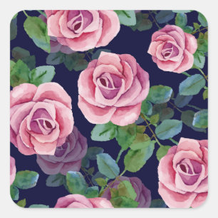 Dark Blue, Pink Roses Watercolor. Square Sticker