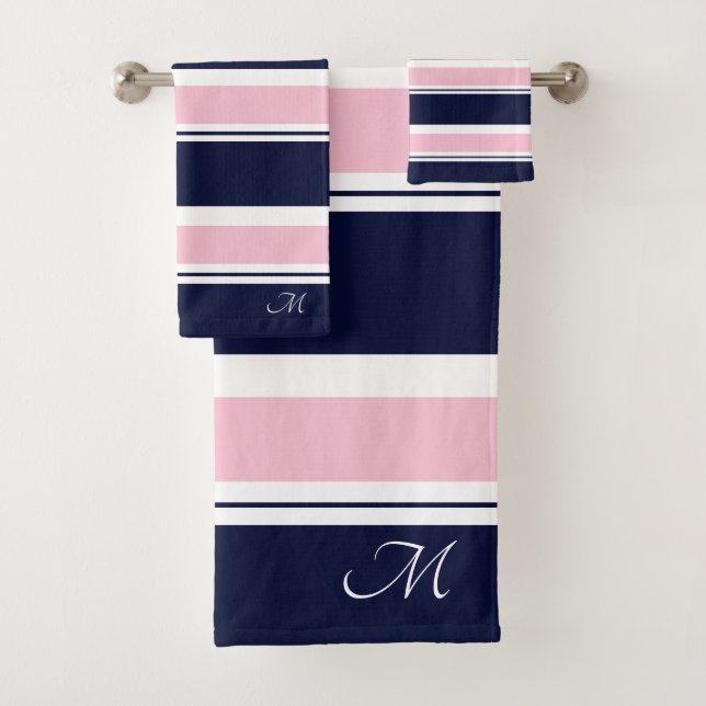 Dark Blue & Pink Stripes  Bath Towel Set (Insitu)
