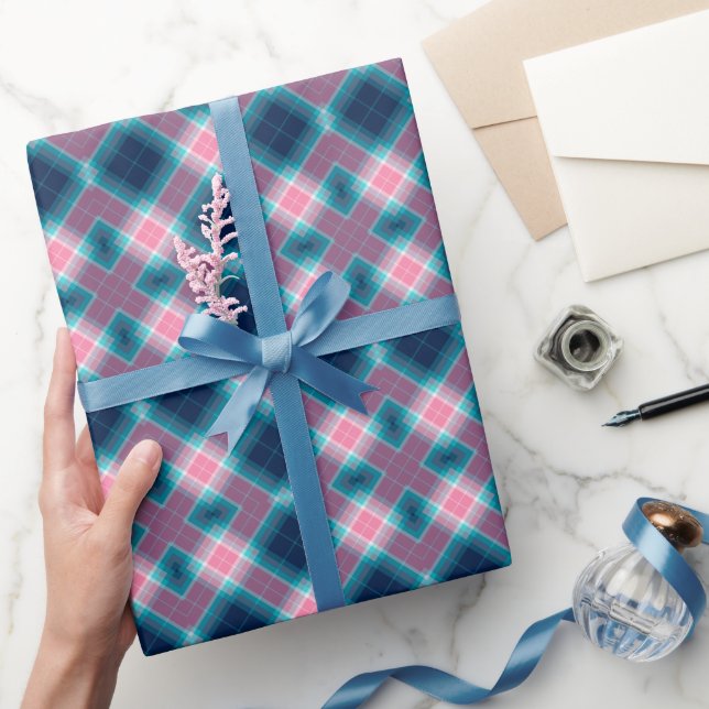 Dark Blue Pink tartan Plaid Gingham Pattern Wrapping Paper (Gifting)
