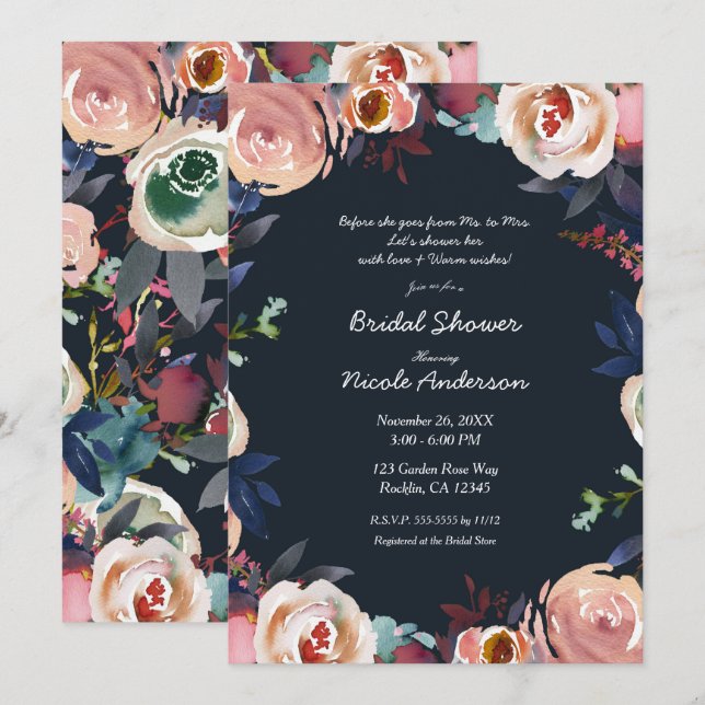 Dark Blue & Pink Watercolor Floral Bridal Shower  Invitation (Front/Back)