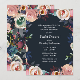 Dark Blue & Pink Watercolor Floral Bridal Shower  Invitation