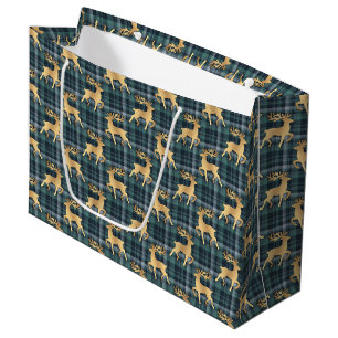 Dark Blue Plaid with Faux Gold Reindeer Holiday Large Gift Bag