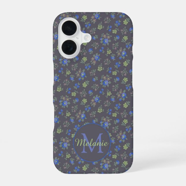 Dark Blue Pretty Floral Pattern Personalised iPhone 16 Case (Back)