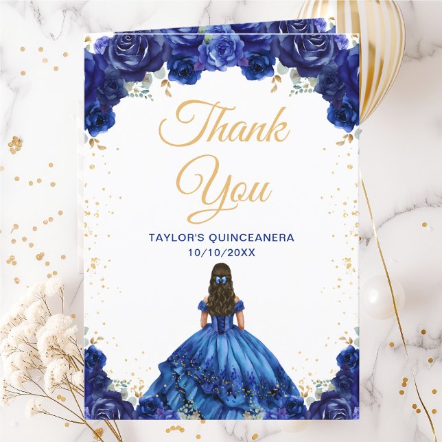 Dark Blue Princess Floral Quinceañera Thank You Card (Creator Uploaded)