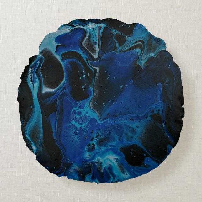 Dark blue psychedelic liquid round pillow (Front)