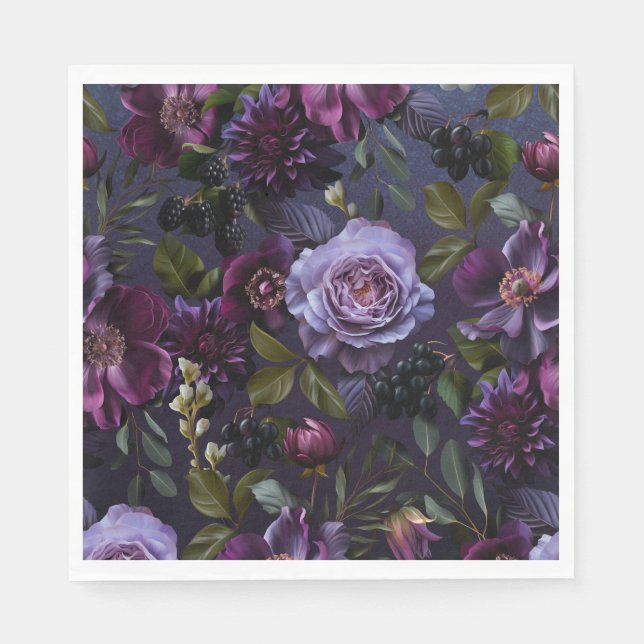 Dark Blue & Purple Floral Moody Bridal Brunch Napkin (Front)