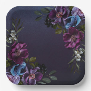 Dark Blue & Purple Floral Moody Bridal Brunch Paper Plate