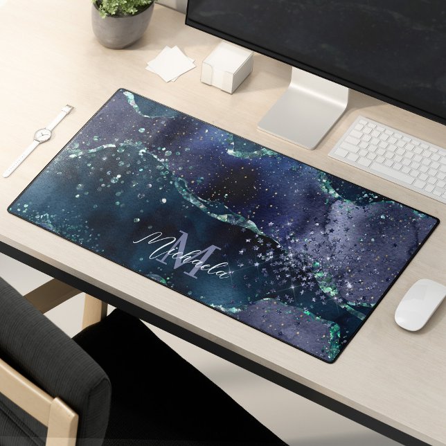 Dark Blue Purple Glitter Sparkle Stylish Monogram Desk Mat (Creator Uploaded)