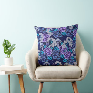 DARK BLUE & PURPLE HALLOWEEN INSPIRED FLOWERS THROW PILLOW