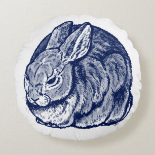 Dark Blue Rabbit Bunny Drawing Art  Round Pillow