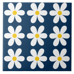 Dark Blue Retro Daisy Floral Pattern Tile