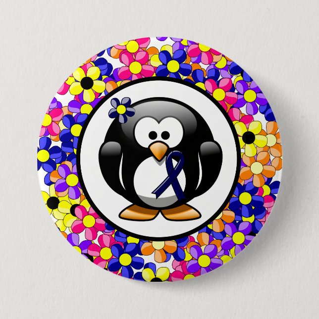 Dark Blue Ribbon Penguin 3 Inch Round Button (Front)