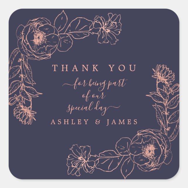 Dark Blue Rose Gold Floral Wedding Thank You Square Sticker (Front)