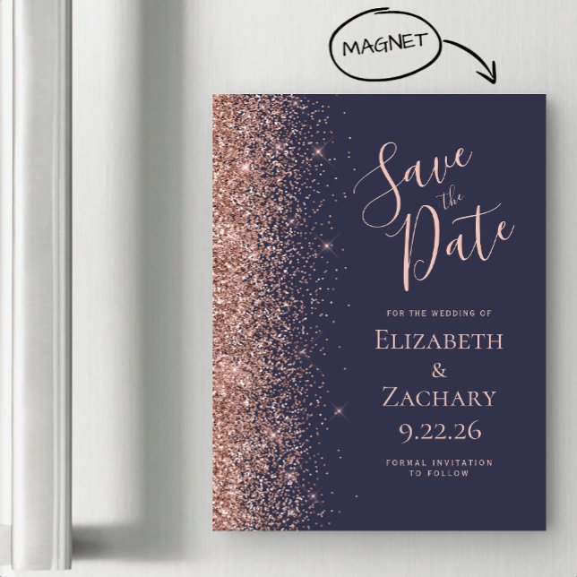 Dark Blue Rose Gold Glitter Magnetic Save the Date (Creator Uploaded)