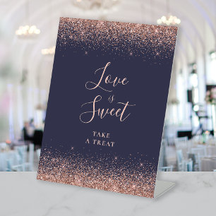 Dark Blue Rose Gold Glitter Wedding Love Is Sweet Pedestal Sign