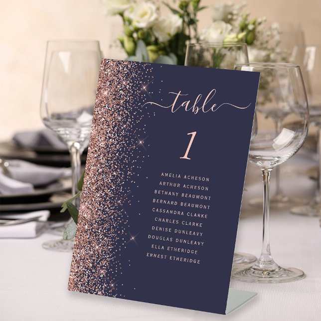 Dark Blue Rose Gold Glitter Wedding Table Number Pedestal Sign (Creator Uploaded)